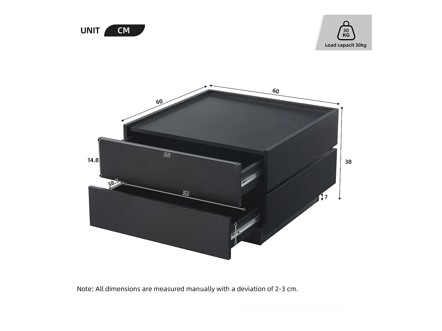 Table basse 60x60x38 cm - pivotante à 360° - avec 2 tiroirs - noir