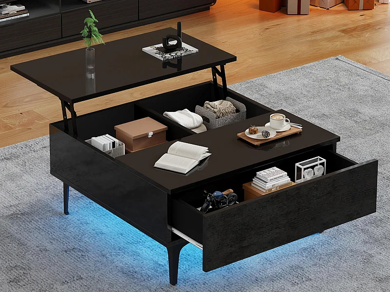 Table basse 70x70x35cm - hauteur réglable - avec rangement + étagères - Noir