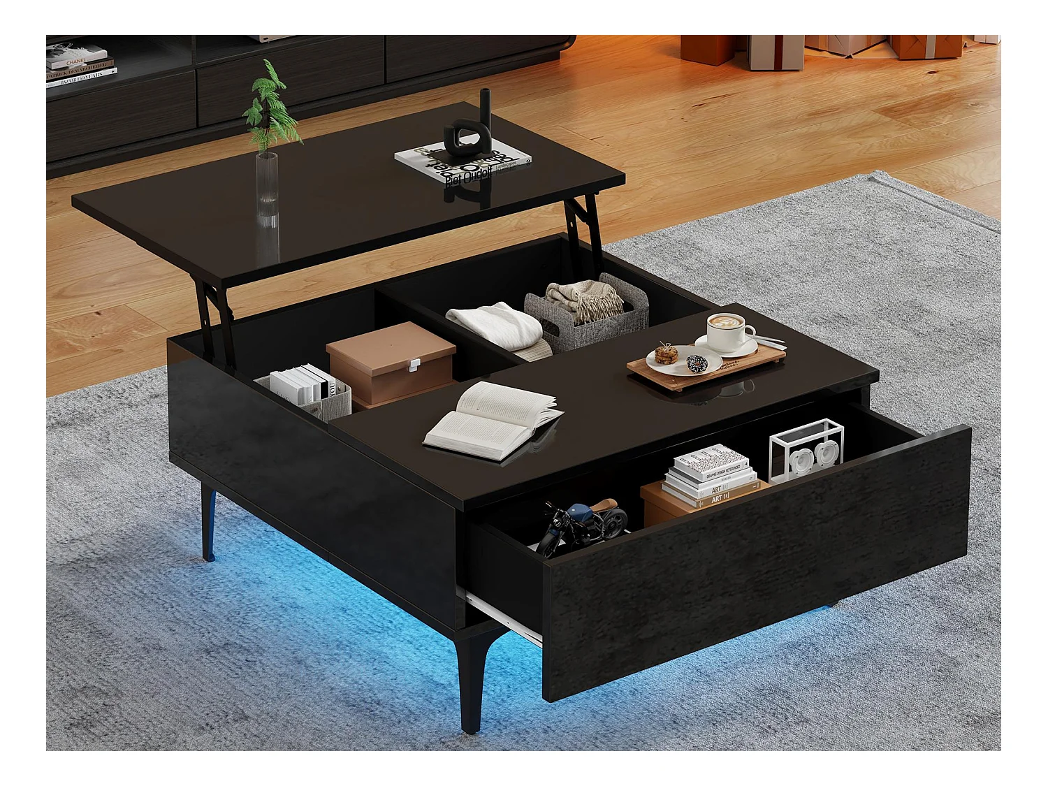 Table basse 70x70x35cm - hauteur réglable - avec rangement + étagères - Noir