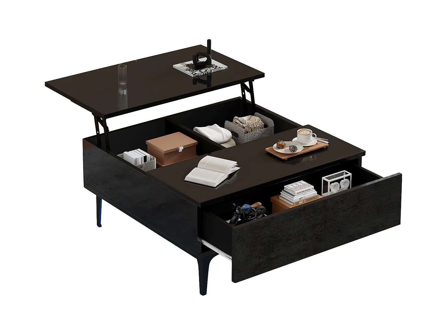 Table basse 70x70x35cm - hauteur réglable - avec rangement + étagères - Noir