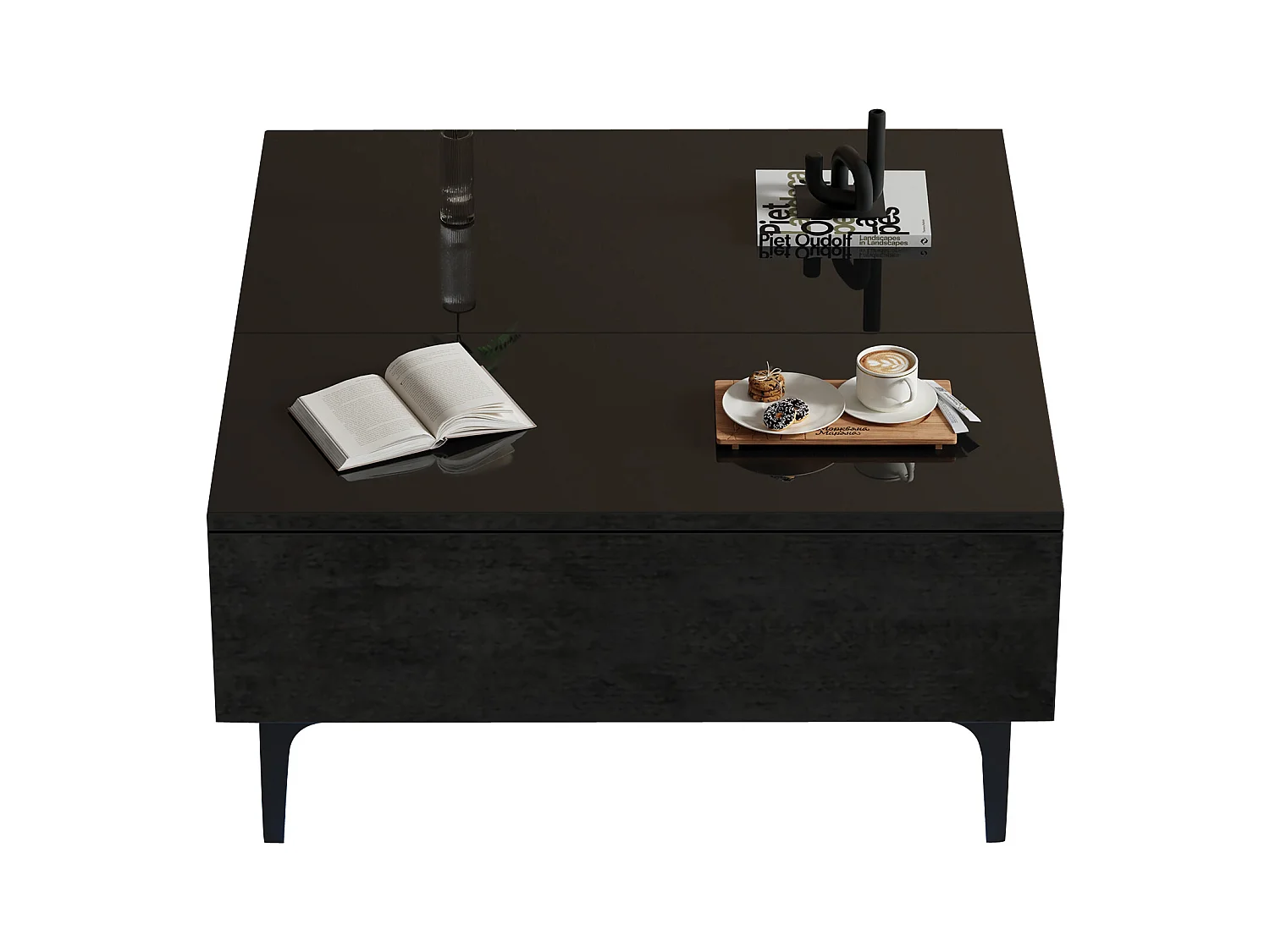 Table basse 70x70x35cm - hauteur réglable - avec rangement + étagères - Noir