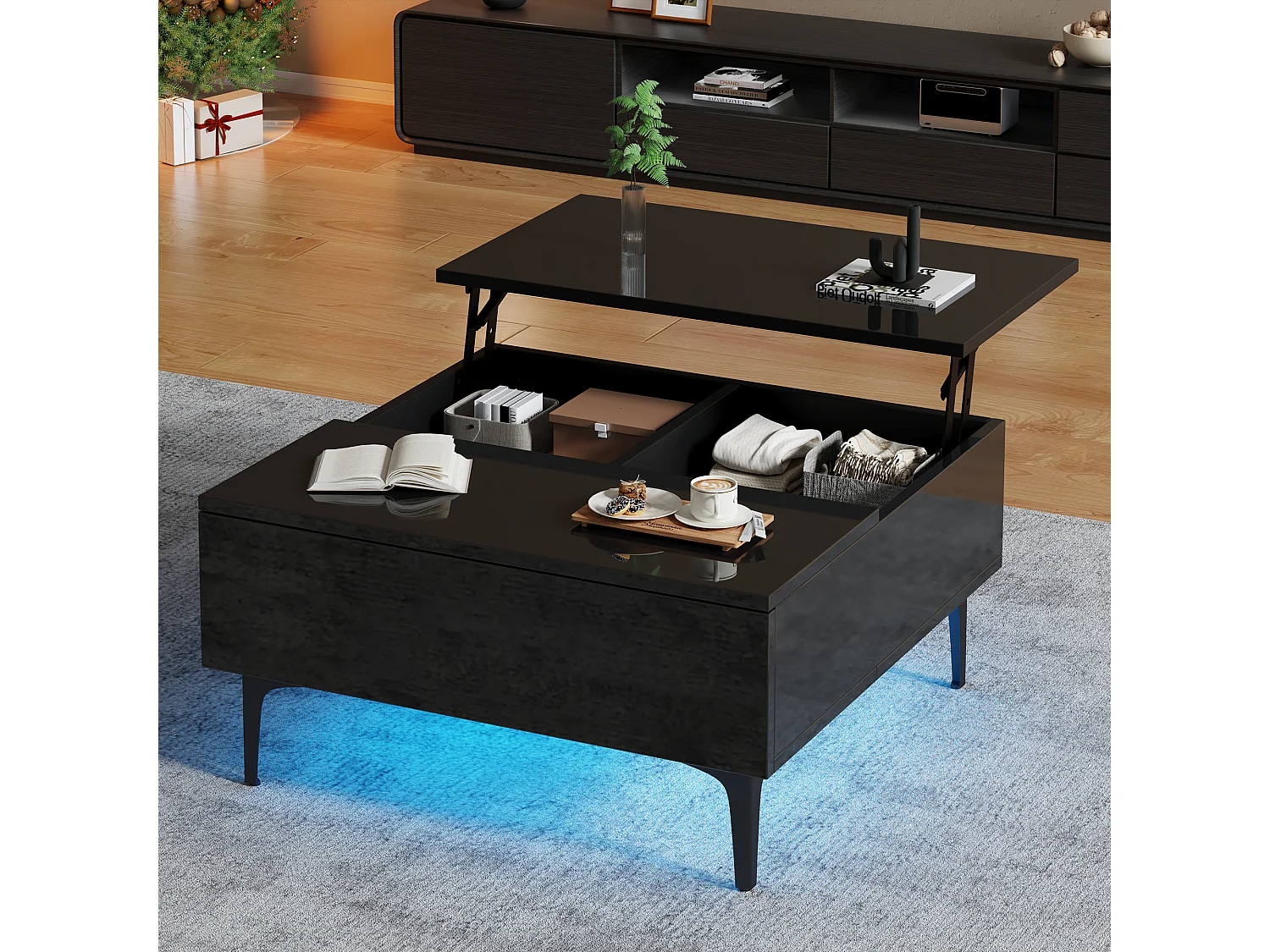 Table basse 70x70x35cm - hauteur réglable - avec rangement + étagères - Noir