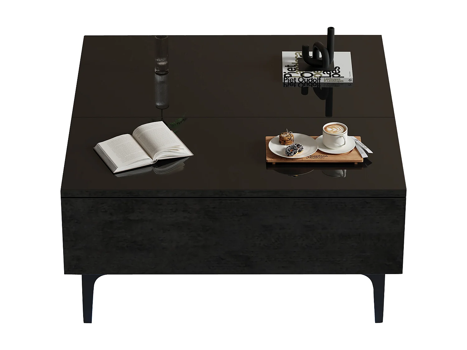 Table basse 70x70x35cm - hauteur réglable - avec rangement + étagères - Noir
