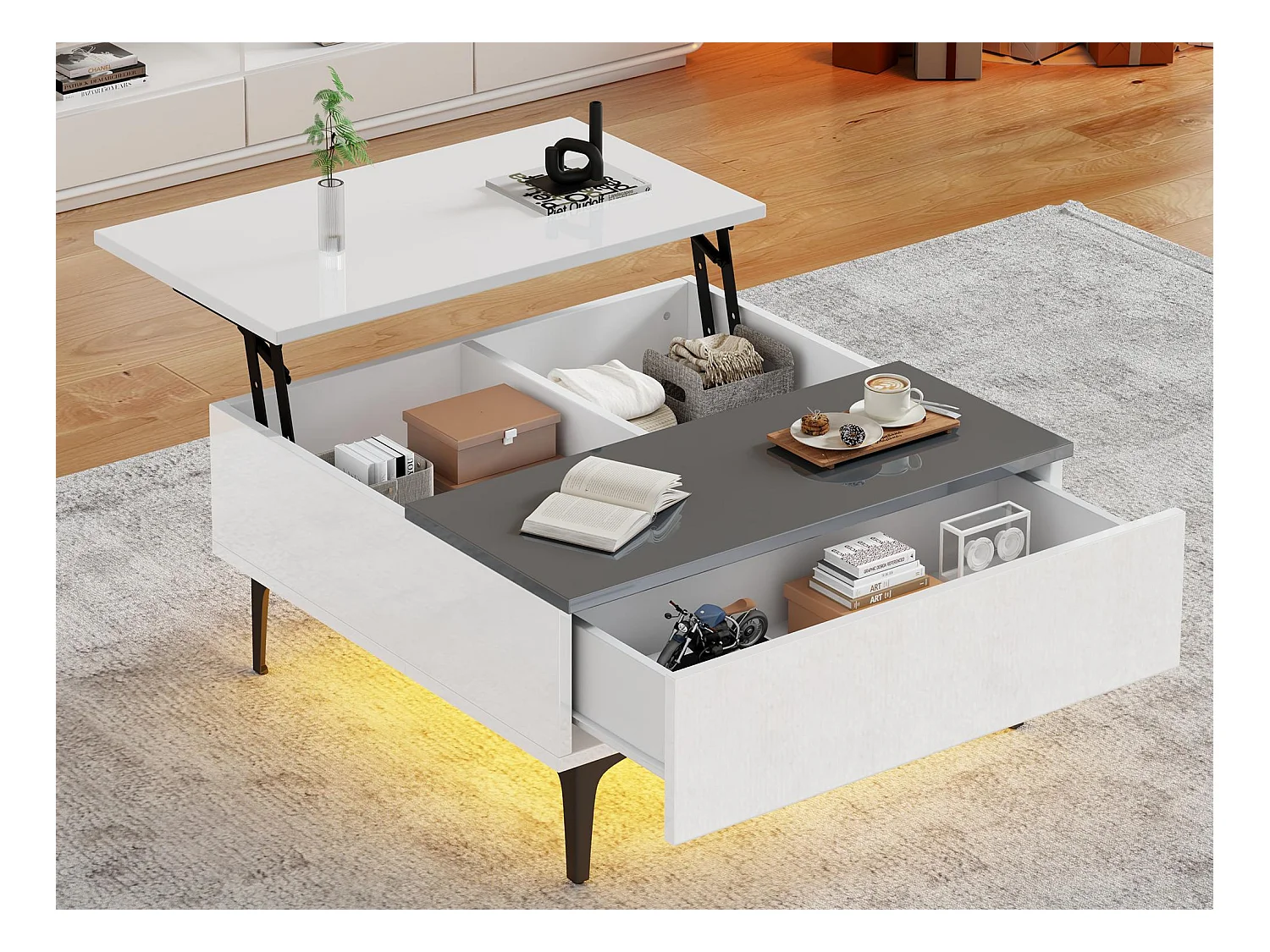 Table basse 70x70x35cm - hauteur réglable - avec rangement + étagères - blanc