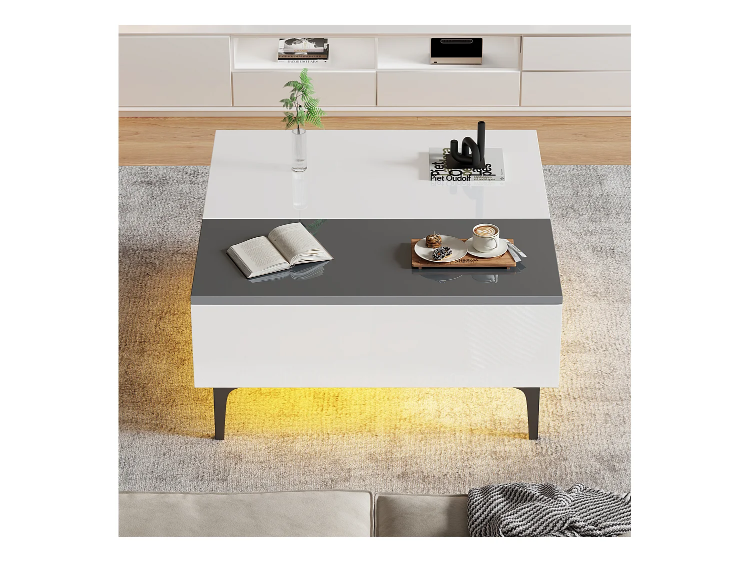 Table basse 70x70x35cm - hauteur réglable - avec rangement + étagères - blanc