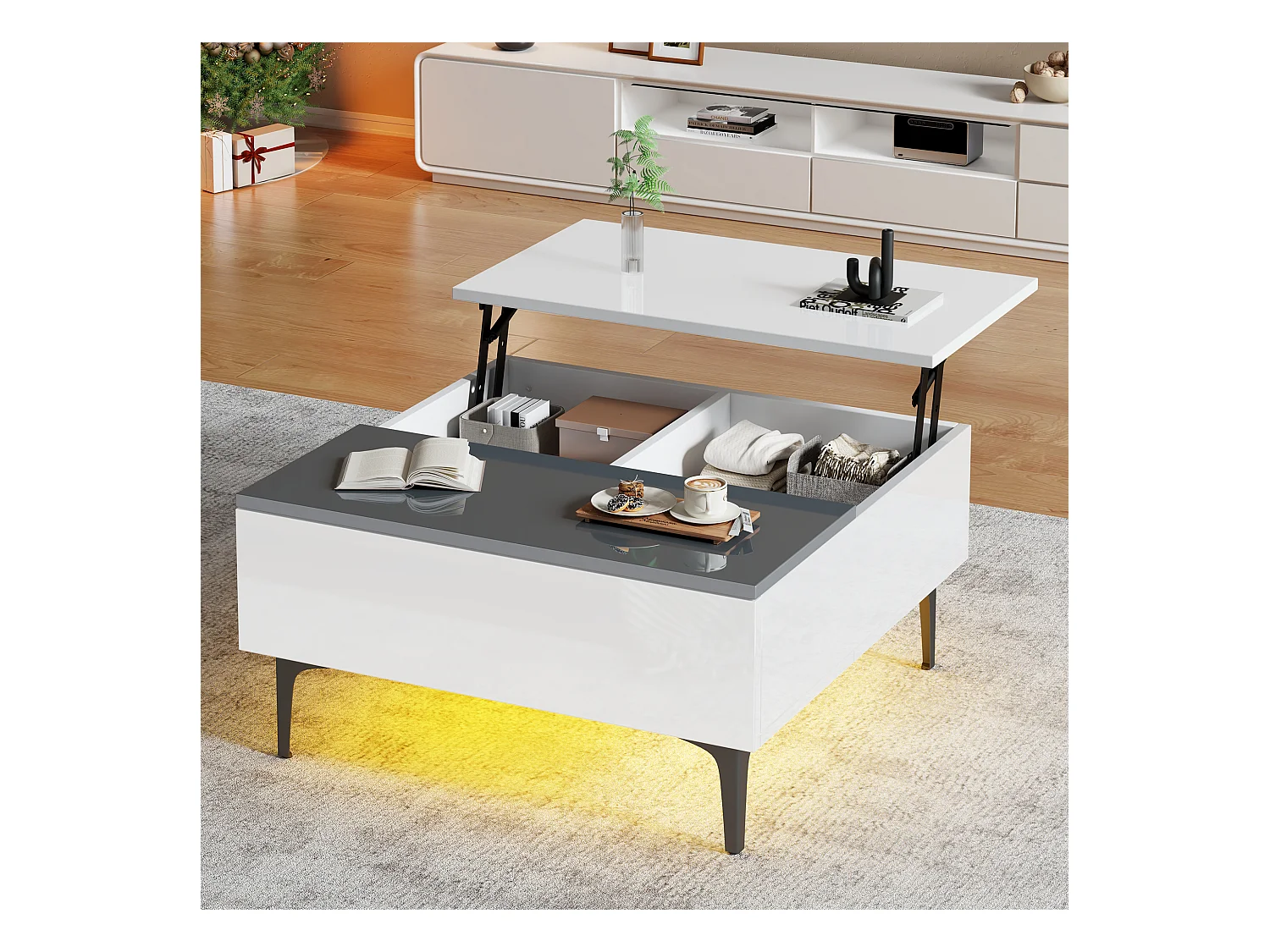 Table basse 70x70x35cm - hauteur réglable - avec rangement + étagères - blanc