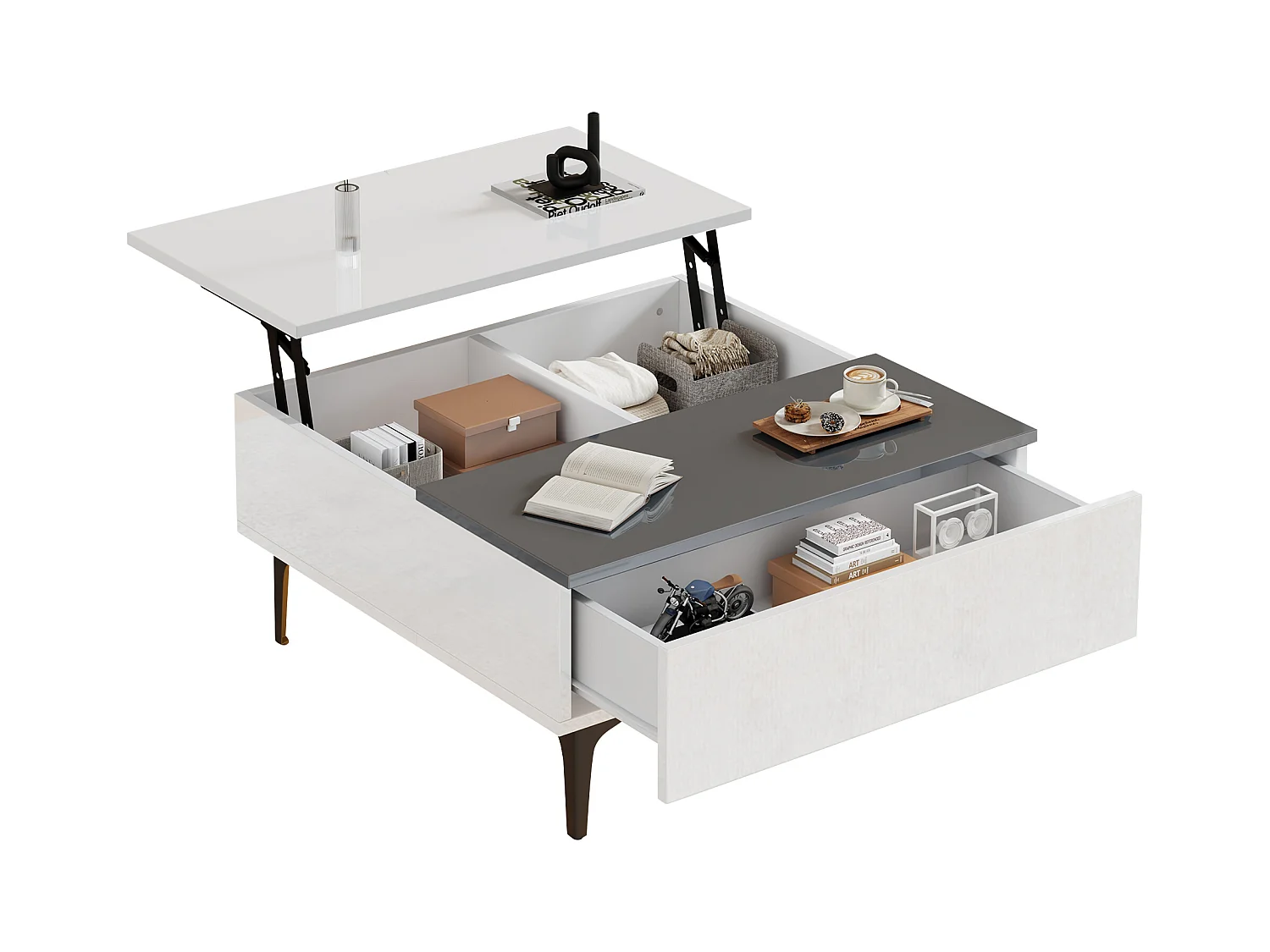 Table basse 70x70x35cm - hauteur réglable - avec rangement + étagères - blanc