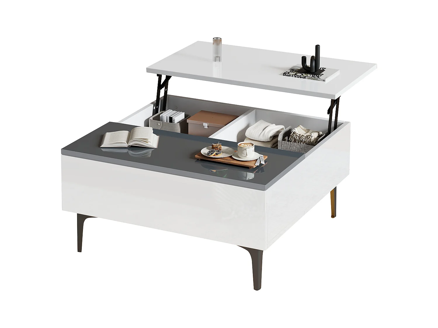 Table basse 70x70x35cm - hauteur réglable - avec rangement + étagères - blanc