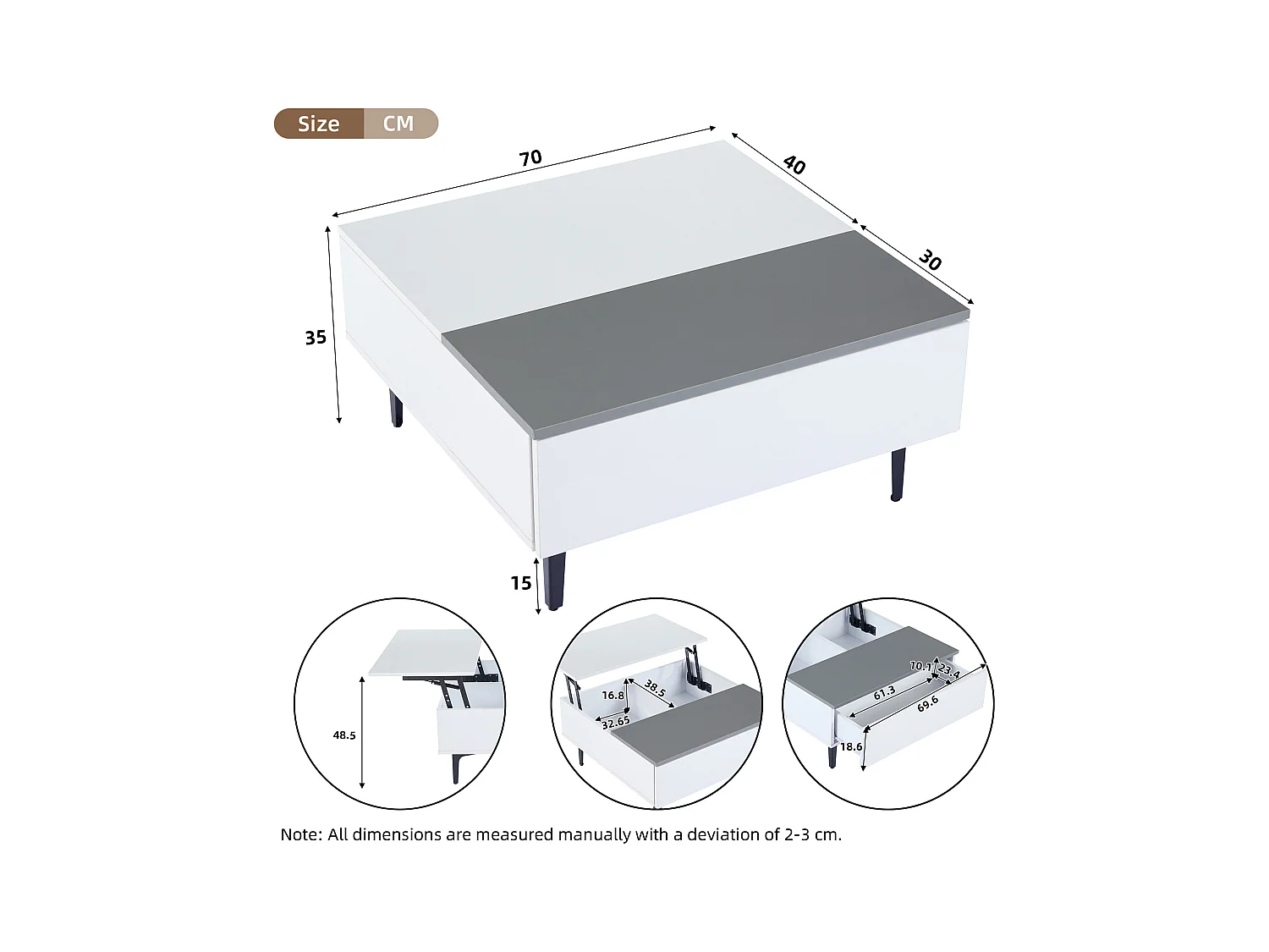 Table basse 70x70x35cm - hauteur réglable - avec rangement + étagères - blanc