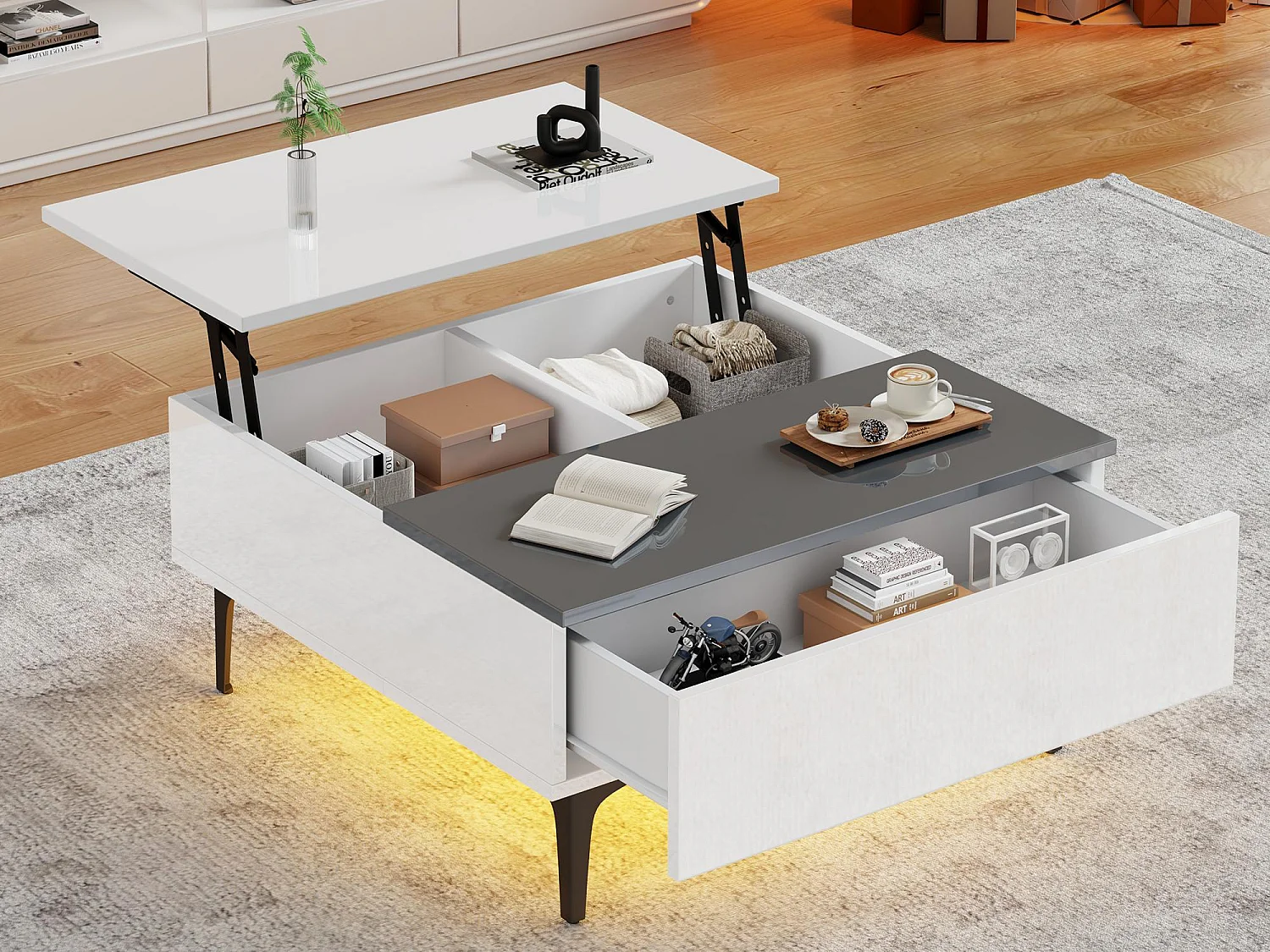 Table basse 70x70x35cm - hauteur réglable - avec rangement + étagères - blanc