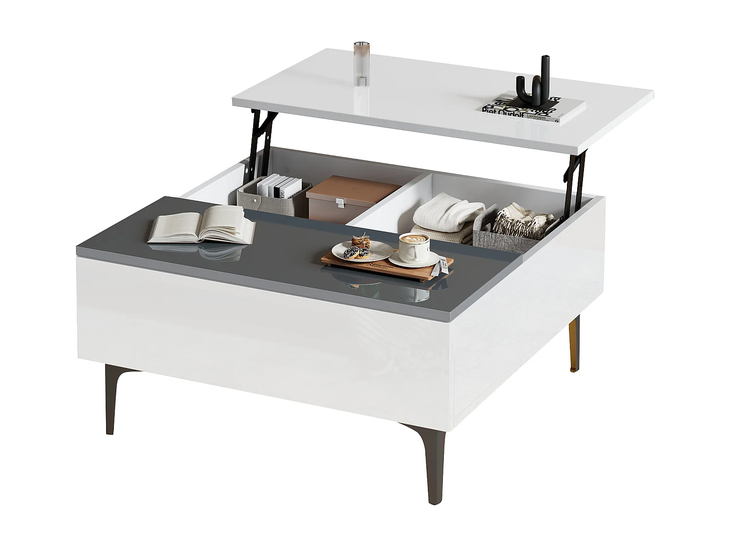 Table basse 70x70x35cm - hauteur réglable - avec rangement + étagères - blanc