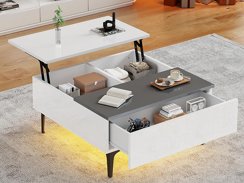 Table basse 70x70x35cm - hauteur réglable - avec rangement + étagères - blanc