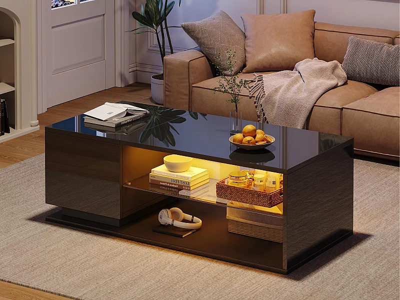 Mesa de centro 105x50x36 cm - com faixa de LED - com armazenamento - preto