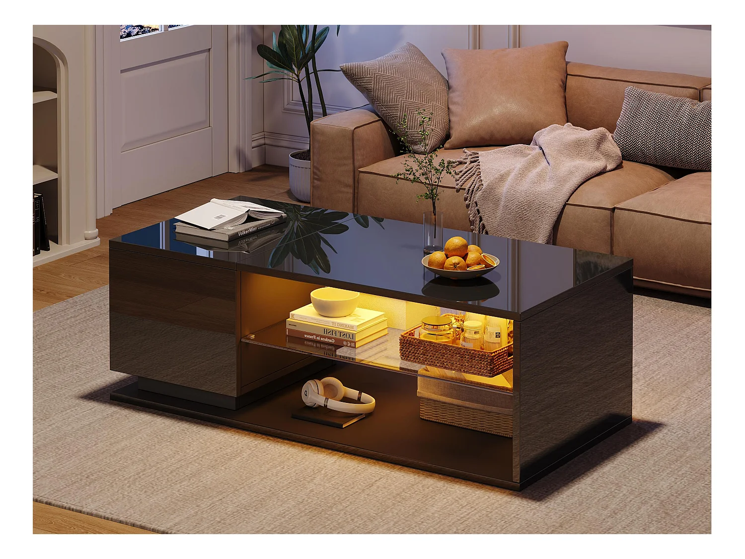 Salontafel 105x50x36 cm - met LED-verlichting - met opbergruimte - zwart