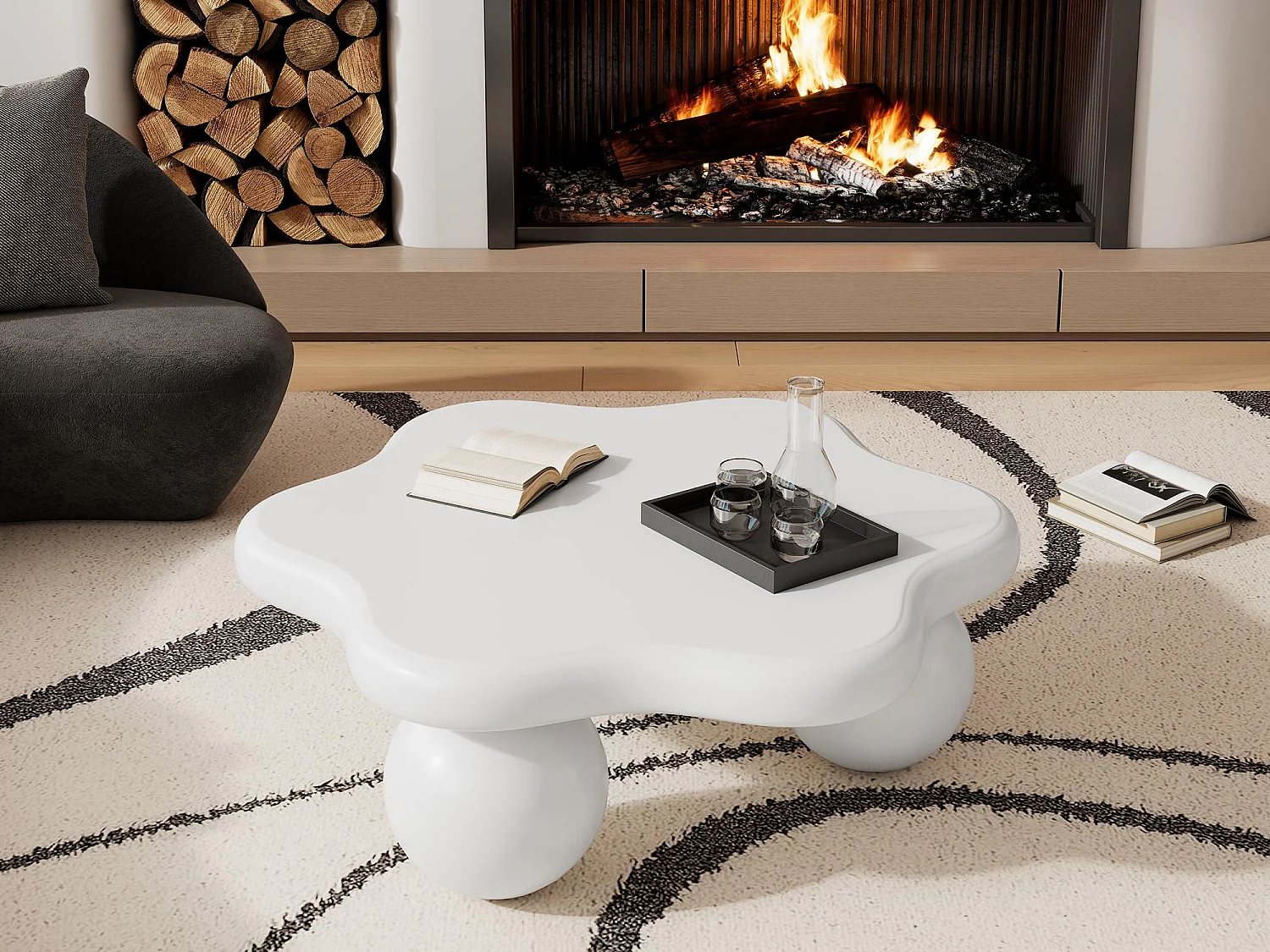 Table basse modern 80x72x32cm - table de canapé en forme de fleur - MDF - blanc