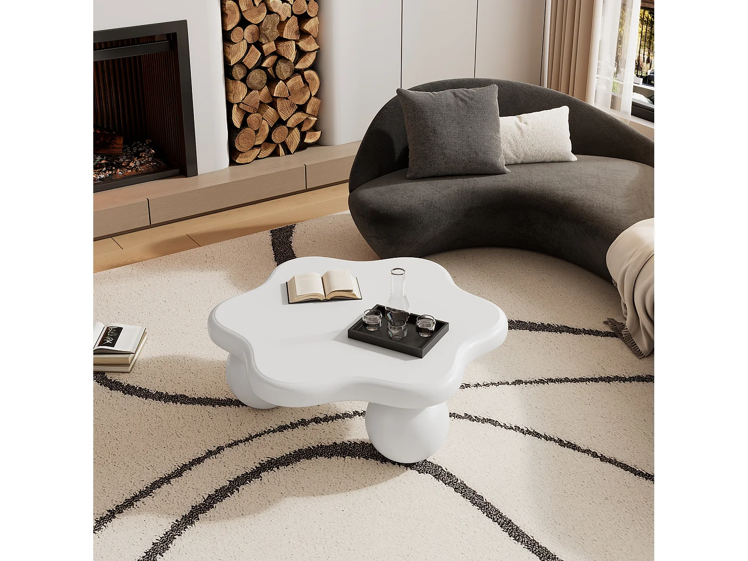 Table basse modern 80x72x32cm - table de canapé en forme de fleur - MDF - blanc