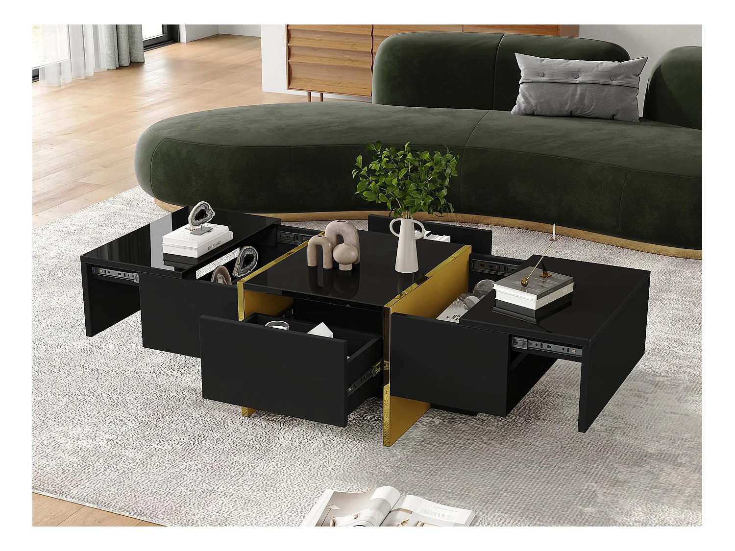 Table basse moderne 100x50x35 cm - Avec 4 tiroirs - Noir