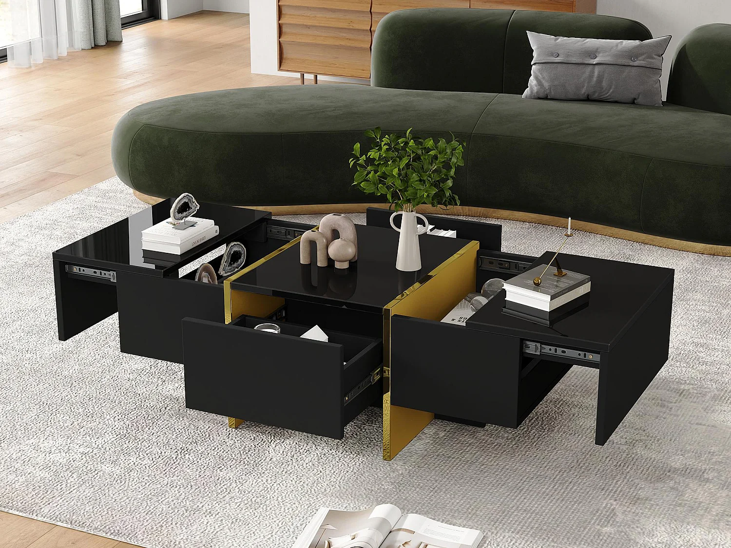 Table basse moderne 100x50x35 cm - Avec 4 tiroirs - Noir