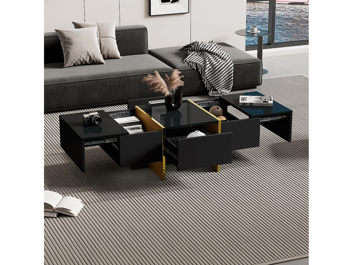 Table basse moderne 100x50x35 cm - Avec 4 tiroirs - Noir