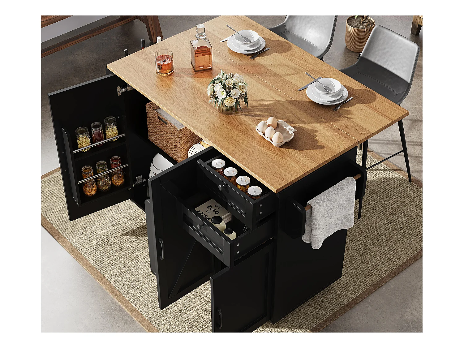 Verrijdbare keukeneiland - uitschuifbaar werkblad - 2 lades en 3 schuifdeuren - met handdoekhouder - MDF - zwart + naturel