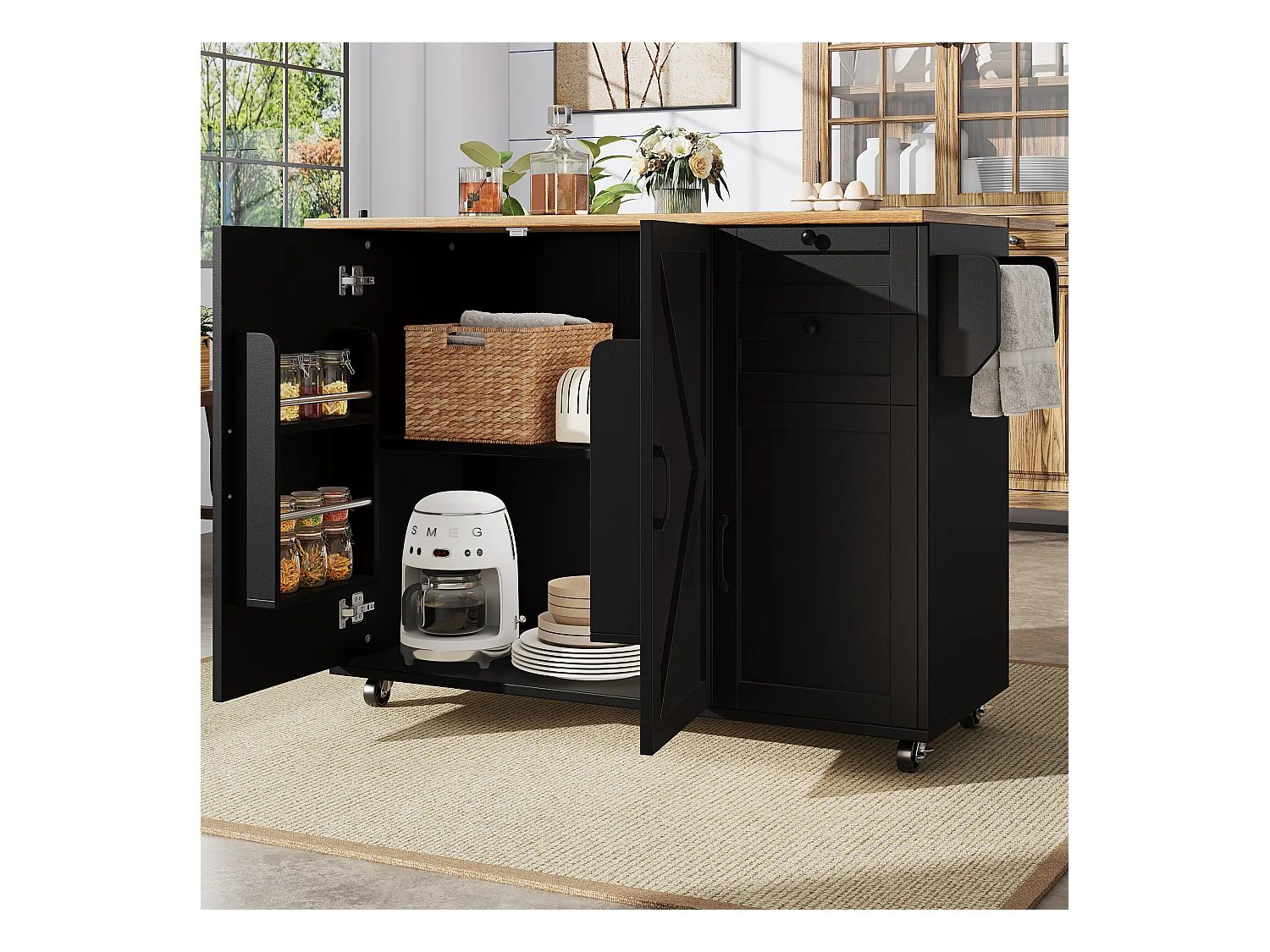 Verrijdbare keukeneiland - uitschuifbaar werkblad - 2 lades en 3 schuifdeuren - met handdoekhouder - MDF - zwart + naturel