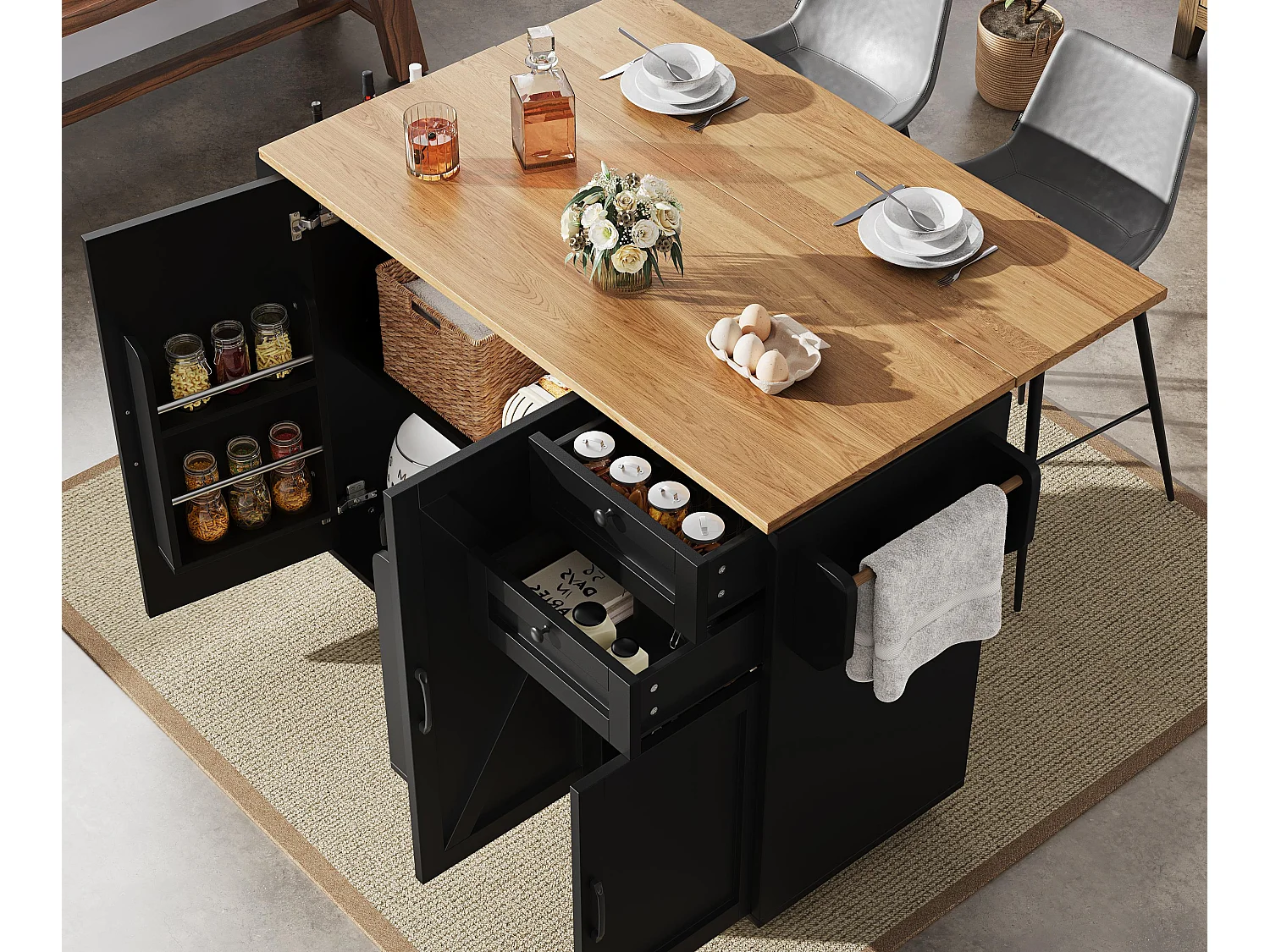 Ilot central de cuisine mobile - plateau extensible - 2 tiroirs et 3 portes coulissantes - avec porte-serviettes - MDF - noir + naturel