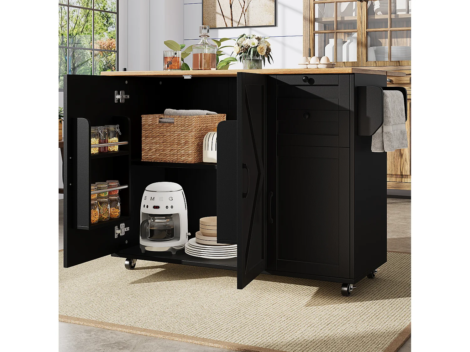 Ilot central de cuisine mobile - plateau extensible - 2 tiroirs et 3 portes coulissantes - avec porte-serviettes - MDF - noir + naturel