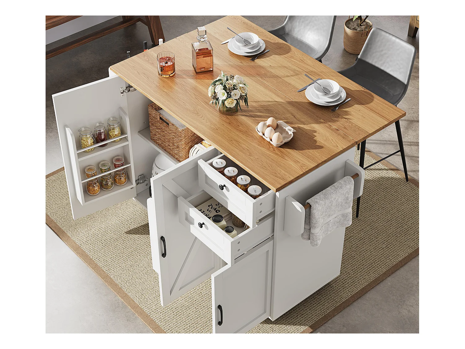 Ilot central de cuisine mobile - plateau extensible - 2 tiroirs et 3 portes coulissantes - avec porte-serviettes - MDF - blanc + naturel
