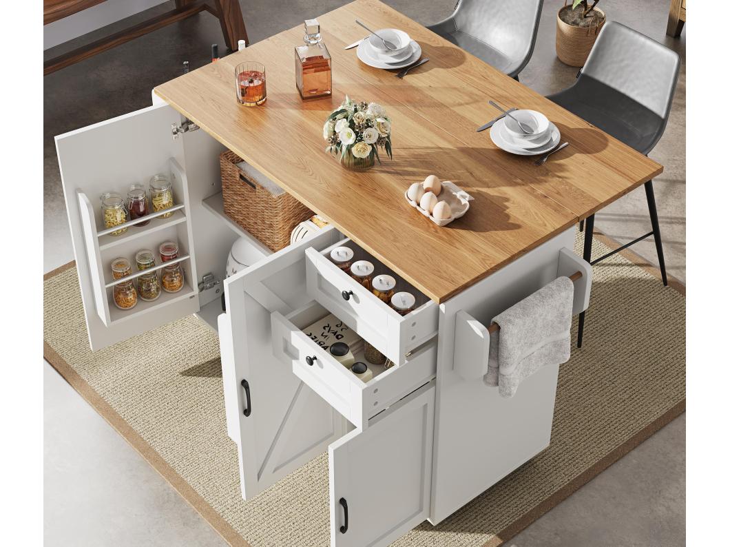 Ilot central de cuisine mobile - plateau extensible - 2 tiroirs et 3 portes coulissantes - avec porte-serviettes - MDF - blanc + naturel