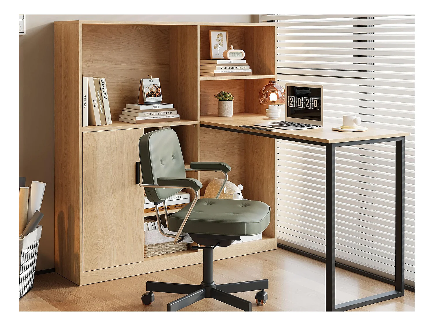 Bureau d'angle 120x50x120cm - avec 1 porte - avec armoire de rangements - Naturel