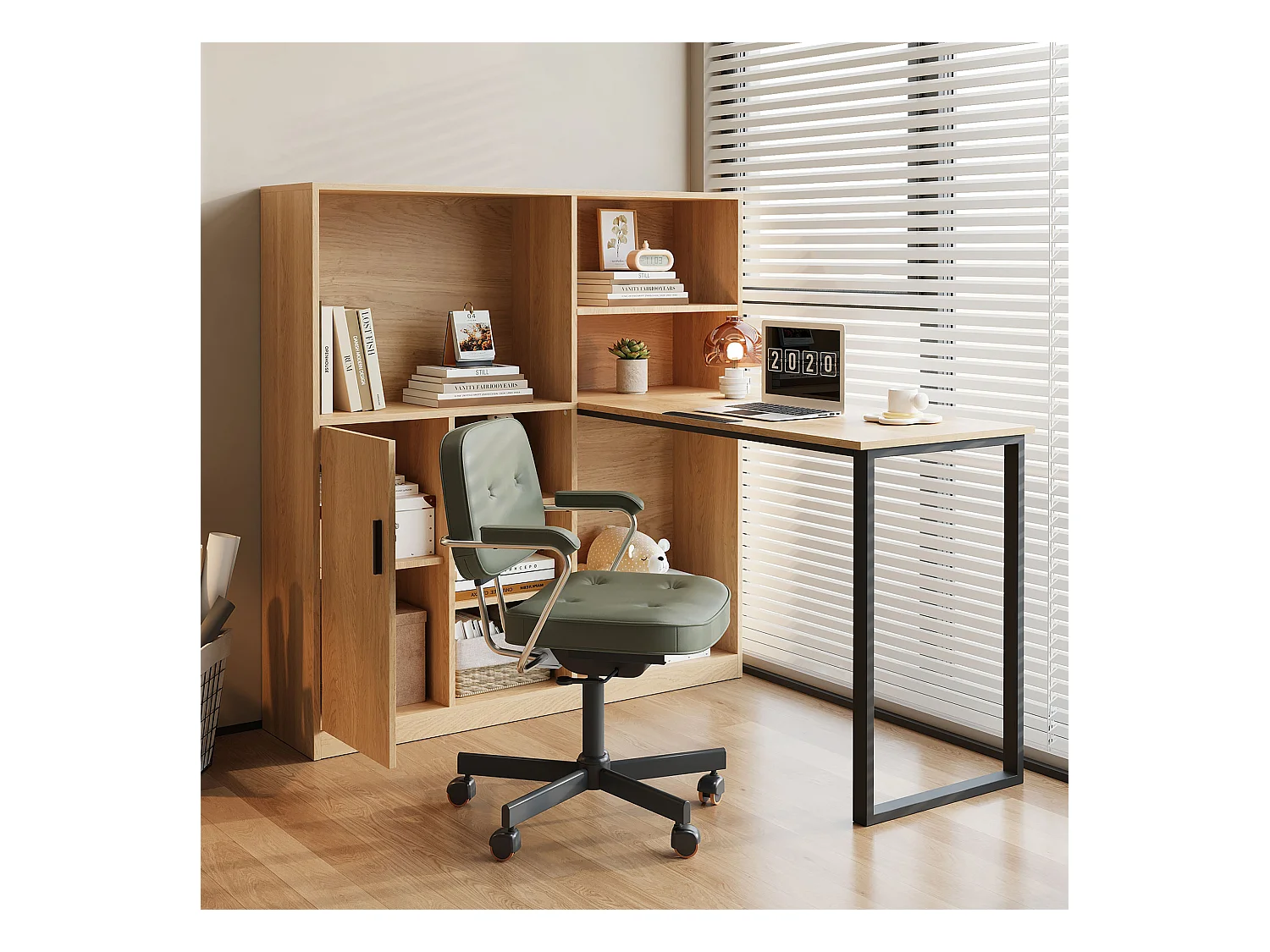 Bureau d'angle 120x50x120cm - avec 1 porte - avec armoire de rangements - Naturel