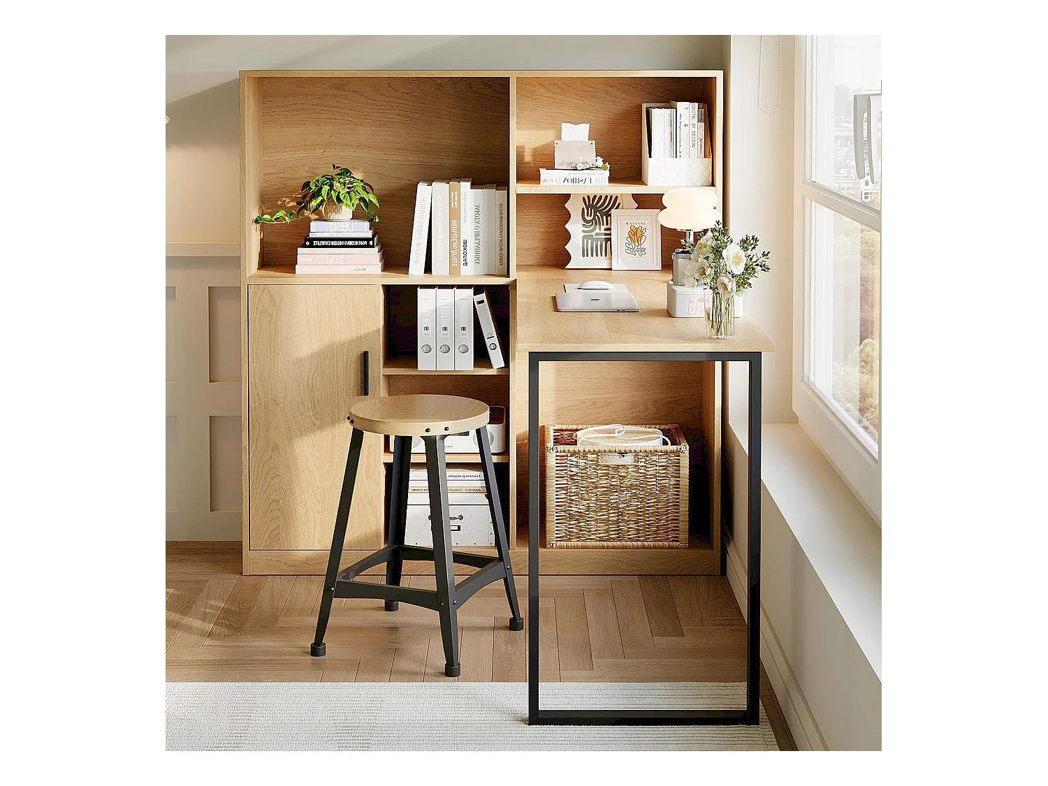 Bureau d'angle 120x50x120cm - avec 1 porte - avec armoire de rangements - Naturel