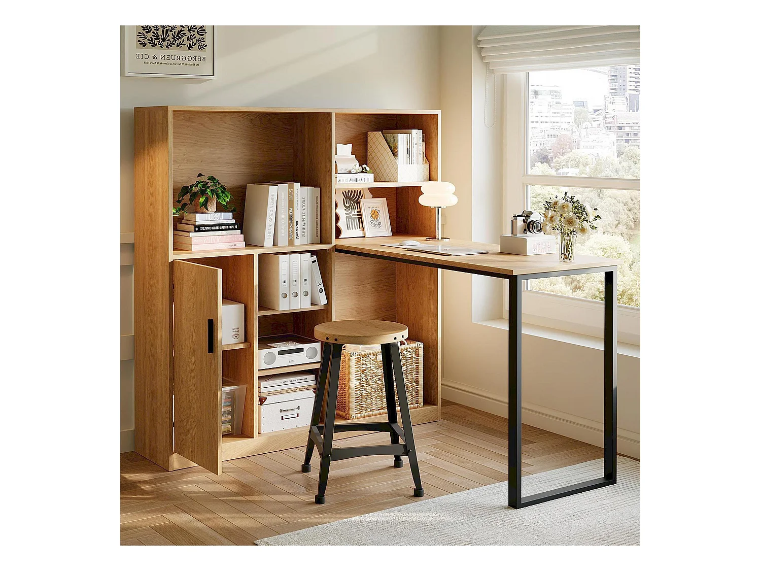Bureau d'angle 120x50x120cm - avec 1 porte - avec armoire de rangements - Naturel