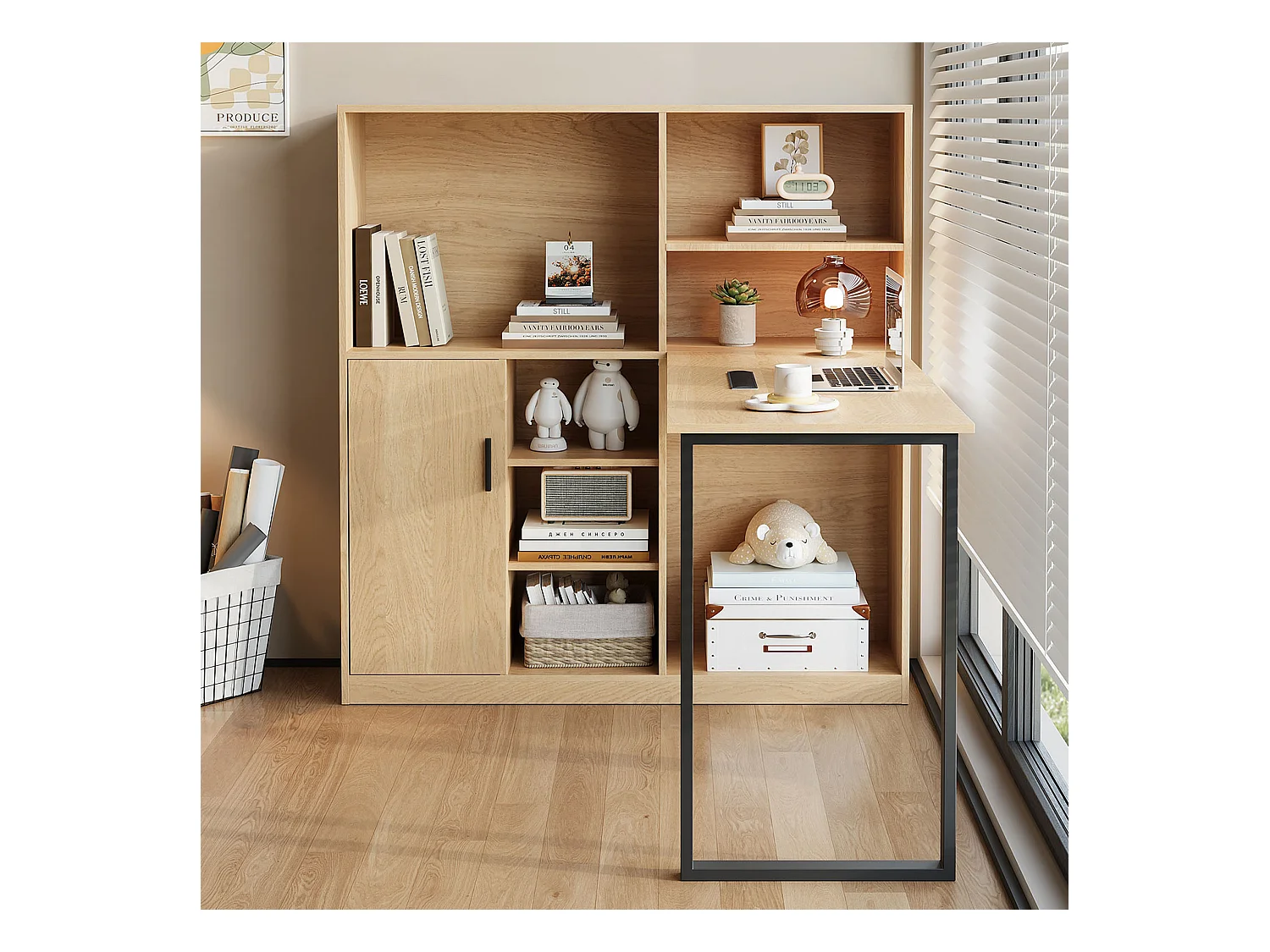 Bureau d'angle 120x50x120cm - avec 1 porte - avec armoire de rangements - Naturel