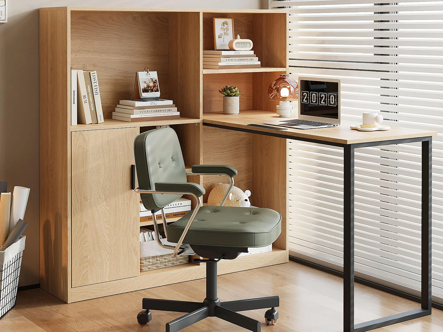 Bureau d'angle 120x50x120cm - avec 1 porte - avec armoire de rangements - Naturel