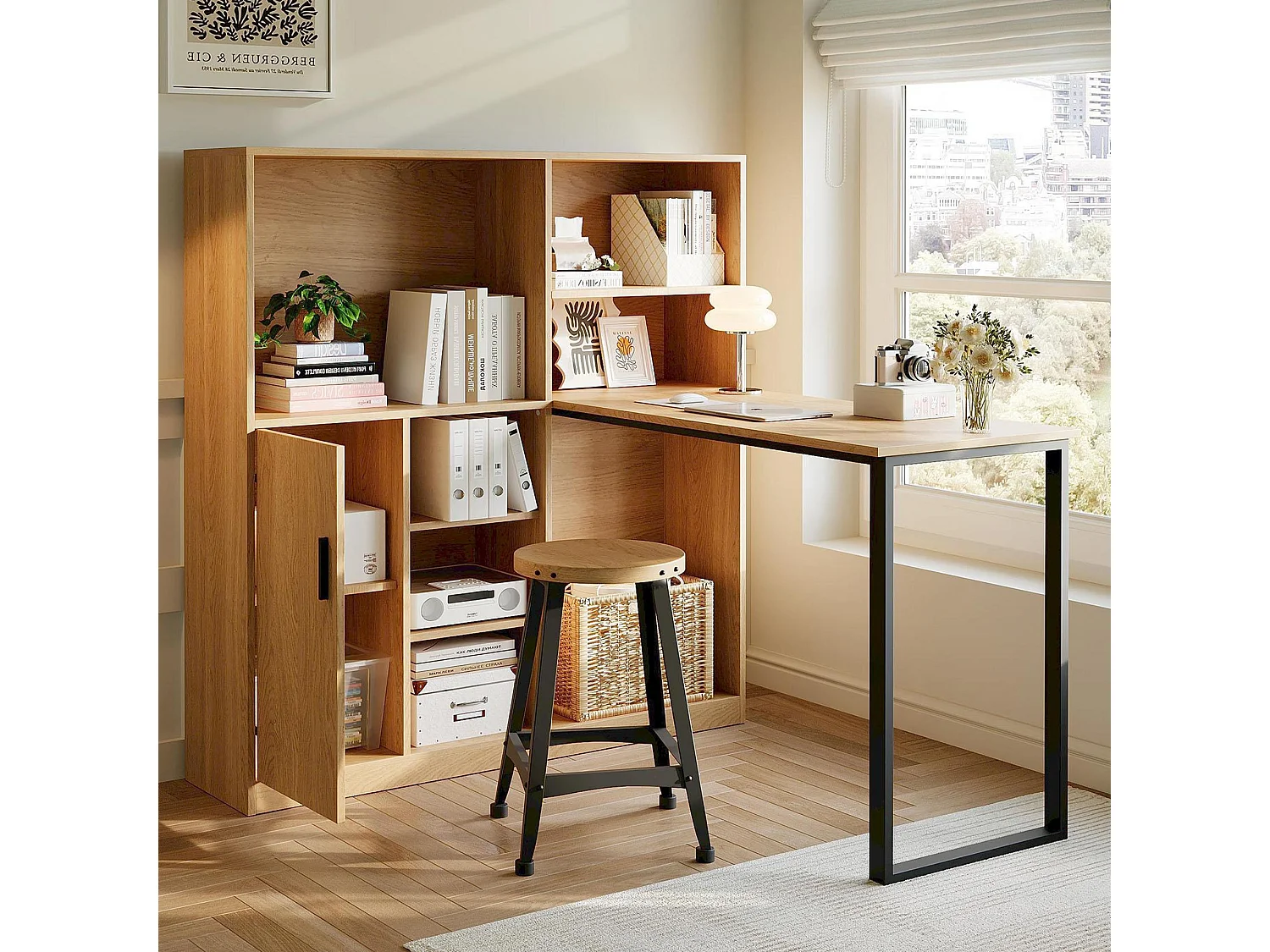 Bureau d'angle 120x50x120cm - avec 1 porte - avec armoire de rangements - Naturel