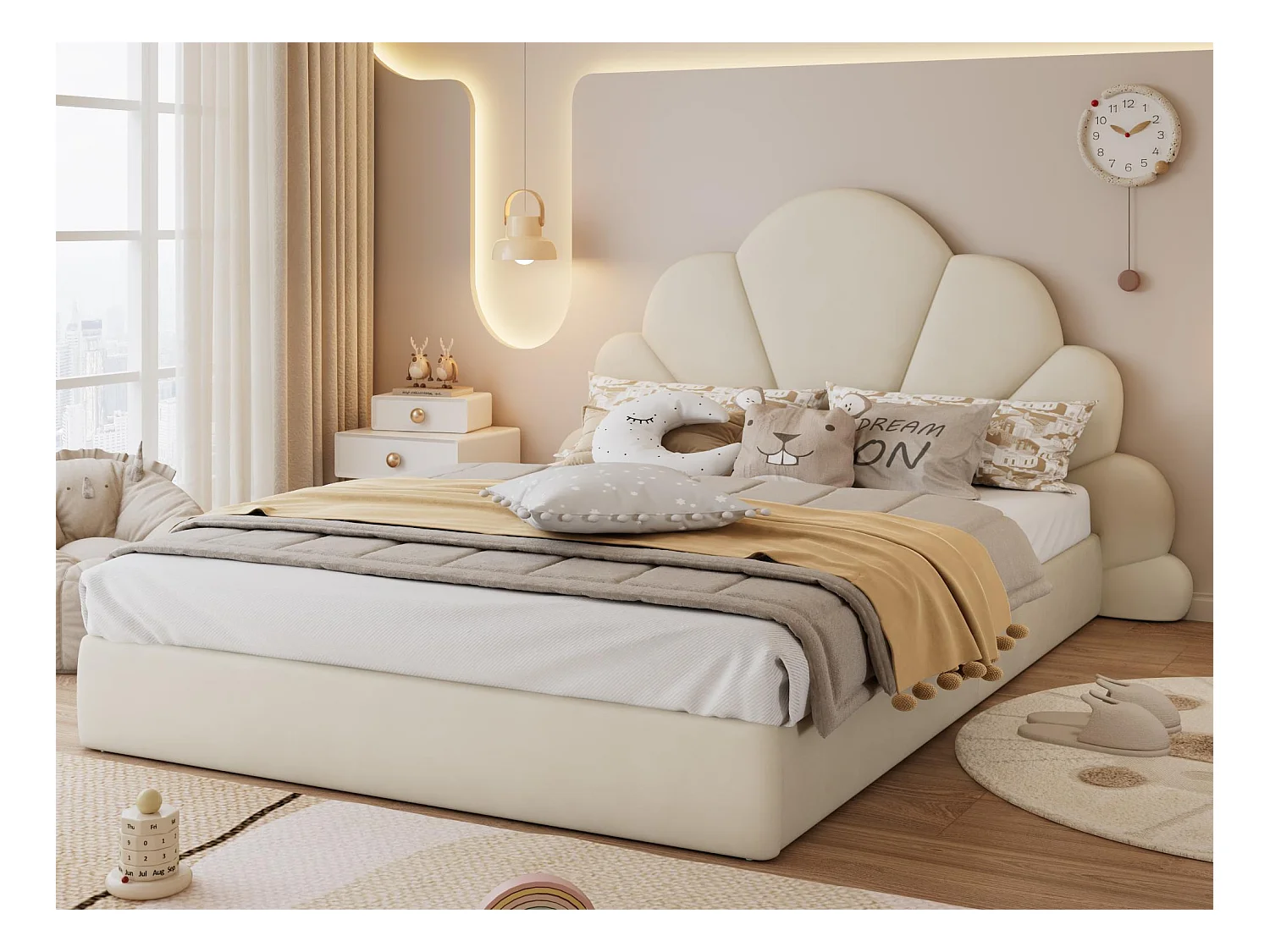 Lit double 140x200cm rembourré en velours - tête de lit en forme de fleur - avec sommier à lattes - Beige