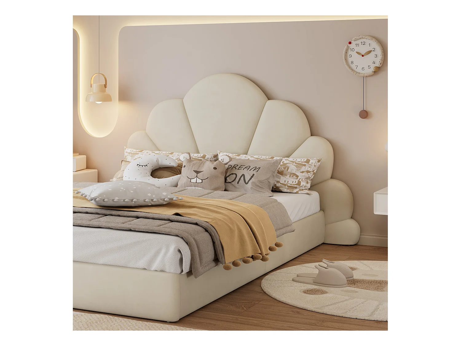 Lit double 140x200cm rembourré en velours - tête de lit en forme de fleur - avec sommier à lattes - Beige