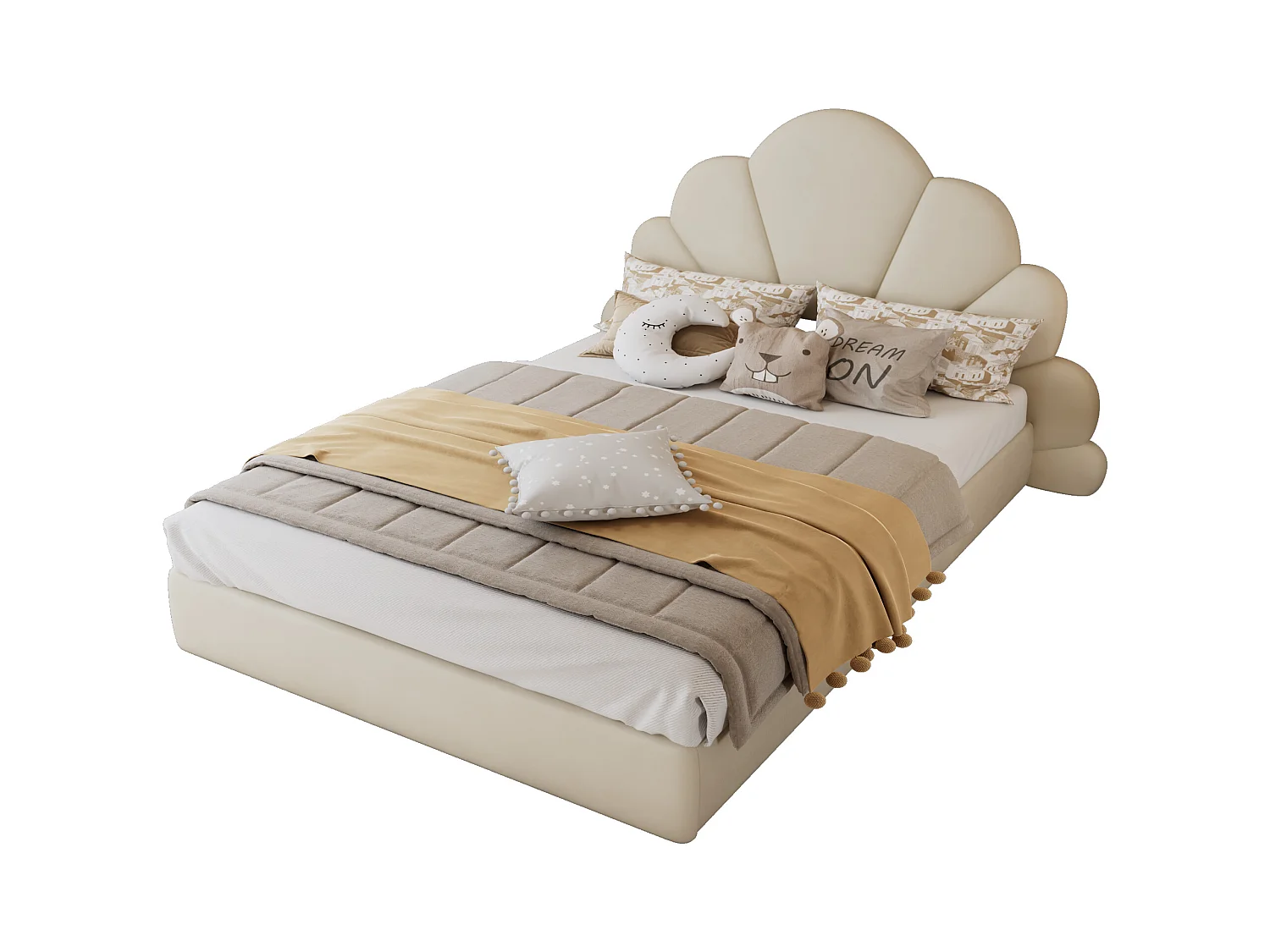 Lit double 140x200cm rembourré en velours - tête de lit en forme de fleur - avec sommier à lattes - Beige