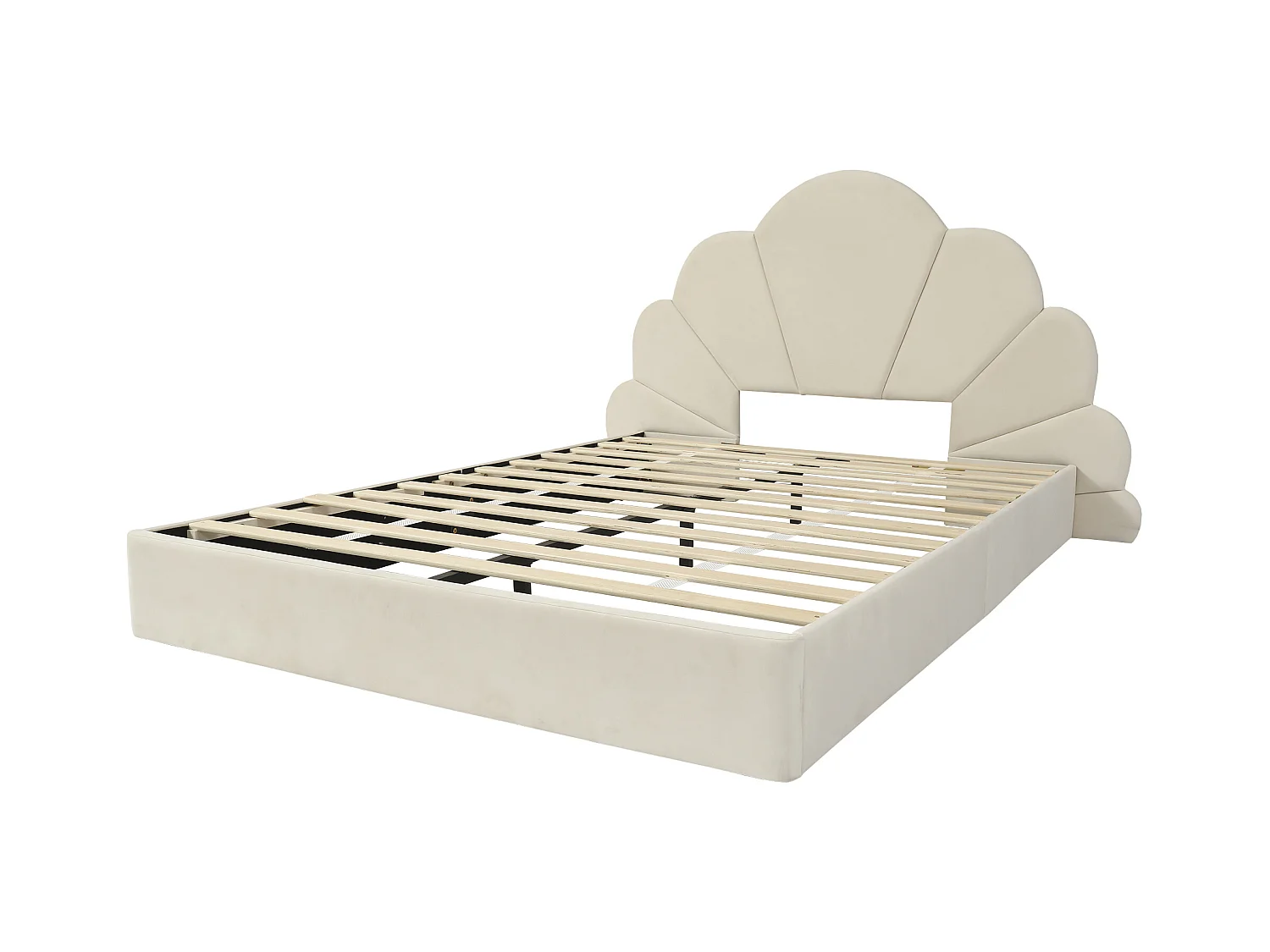 Lit double 140x200cm rembourré en velours - tête de lit en forme de fleur - avec sommier à lattes - Beige