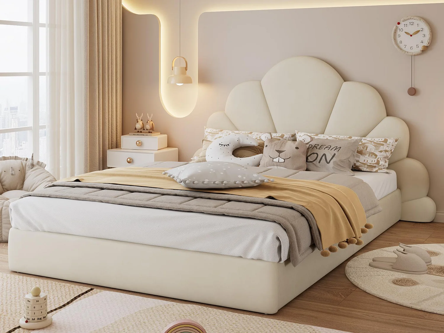 Letto singolo 140x200 cm imbottito in velluto - testiera a forma di fiore - con rete a doghe - Beige