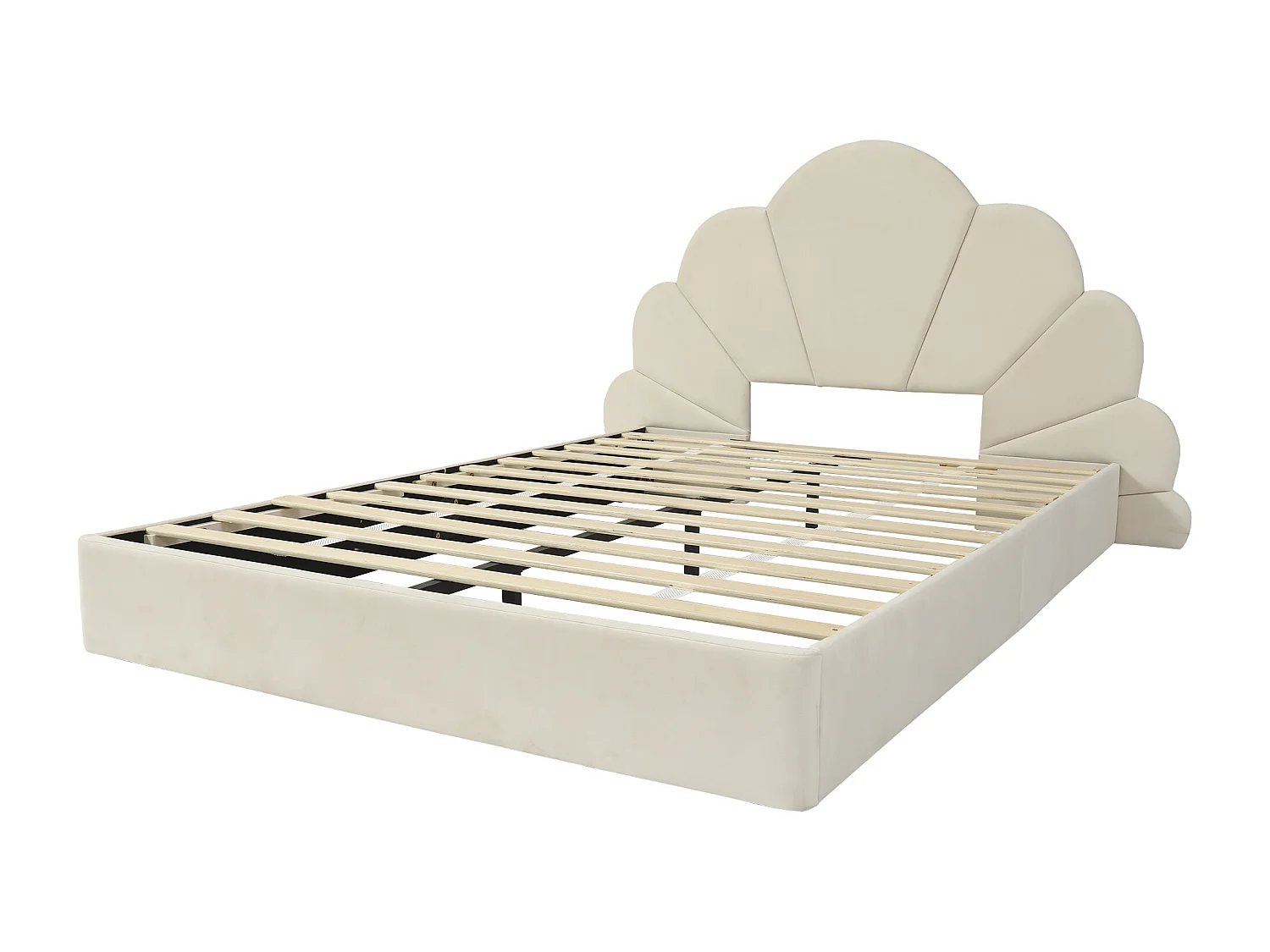 Letto singolo 140x200 cm imbottito in velluto - testiera a forma di fiore - con rete a doghe - Beige