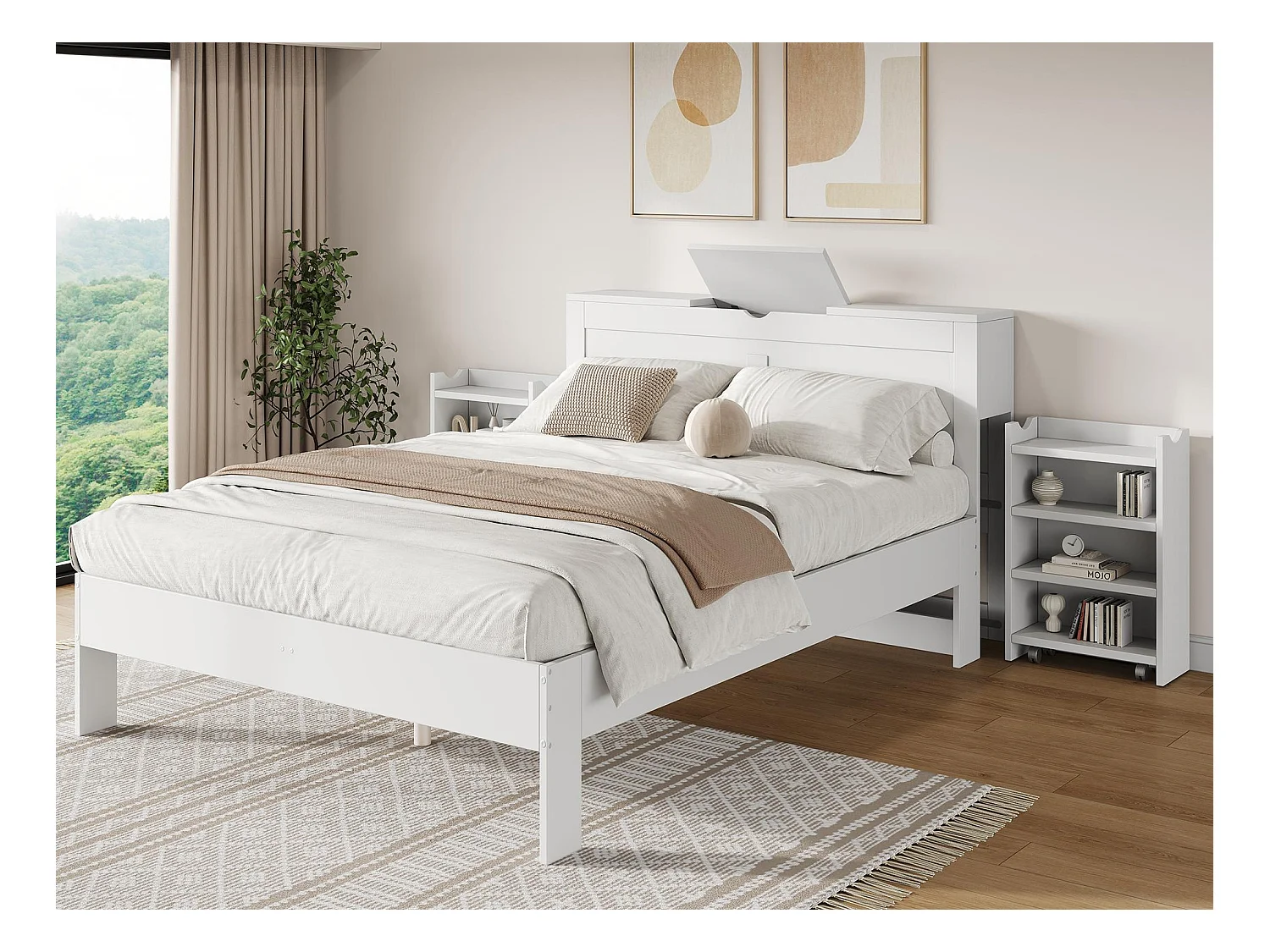 Lit double 140x200cm - avec 2 tables de chevet coulissantes - espace de rangement de chevet - MDF - blanc