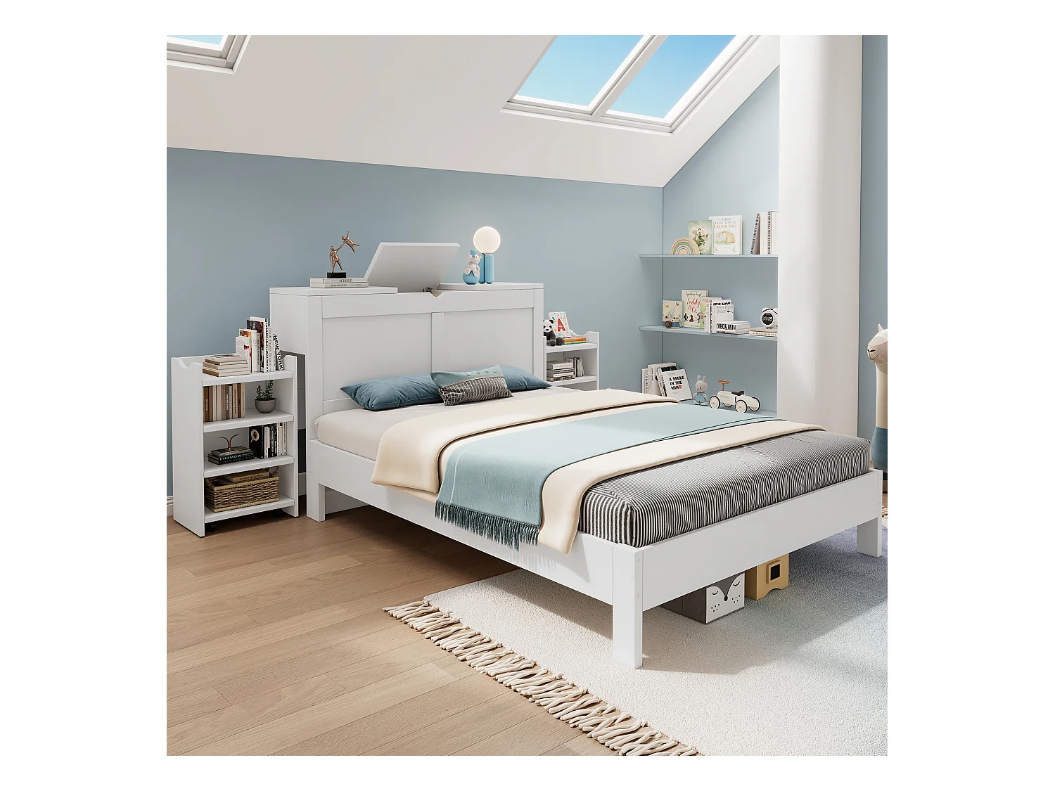 Lit double 140x200cm - avec 2 tables de chevet coulissantes - espace de rangement de chevet - MDF - blanc