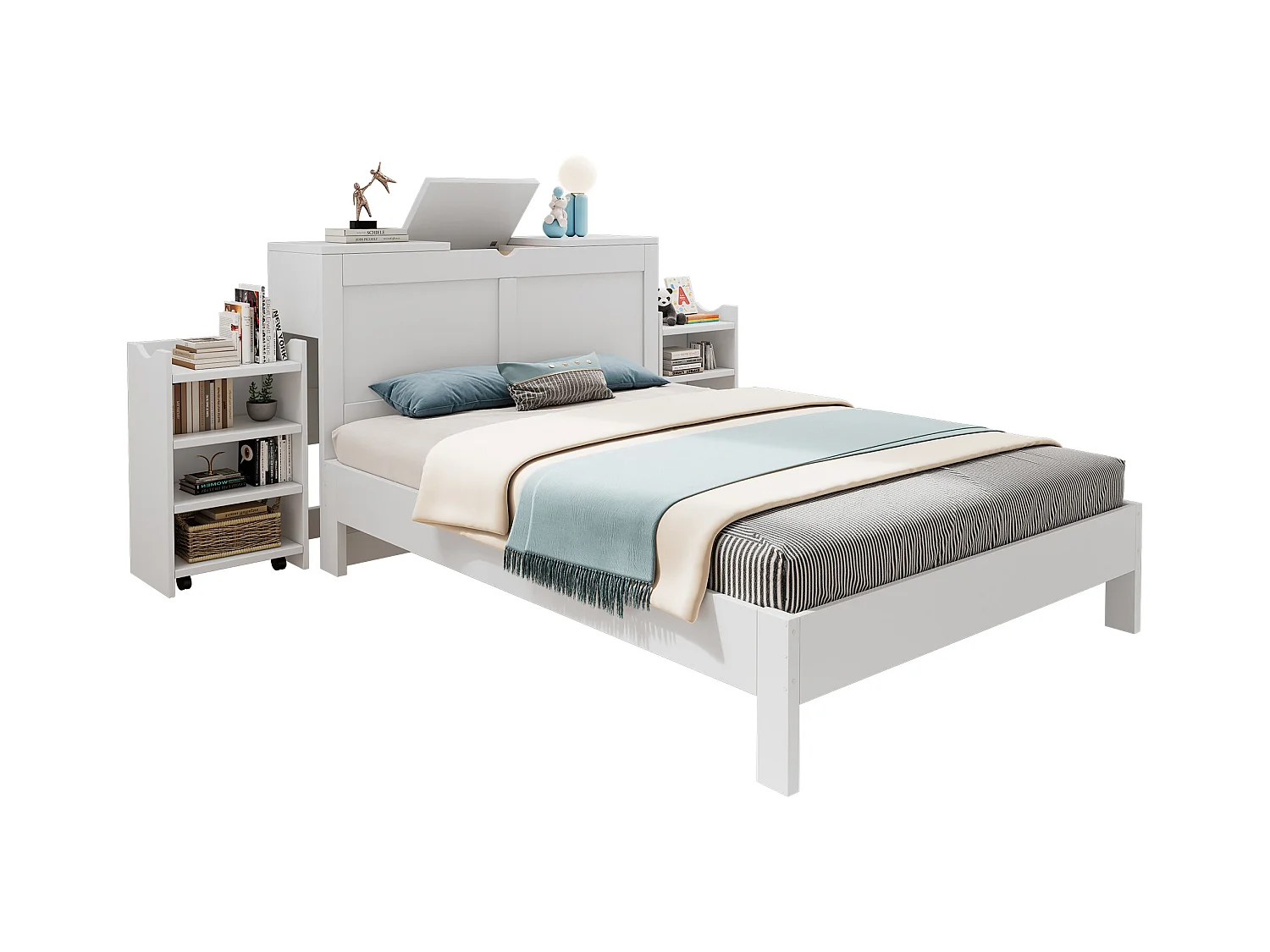 Lit double 140x200cm - avec 2 tables de chevet coulissantes - espace de rangement de chevet - MDF - blanc