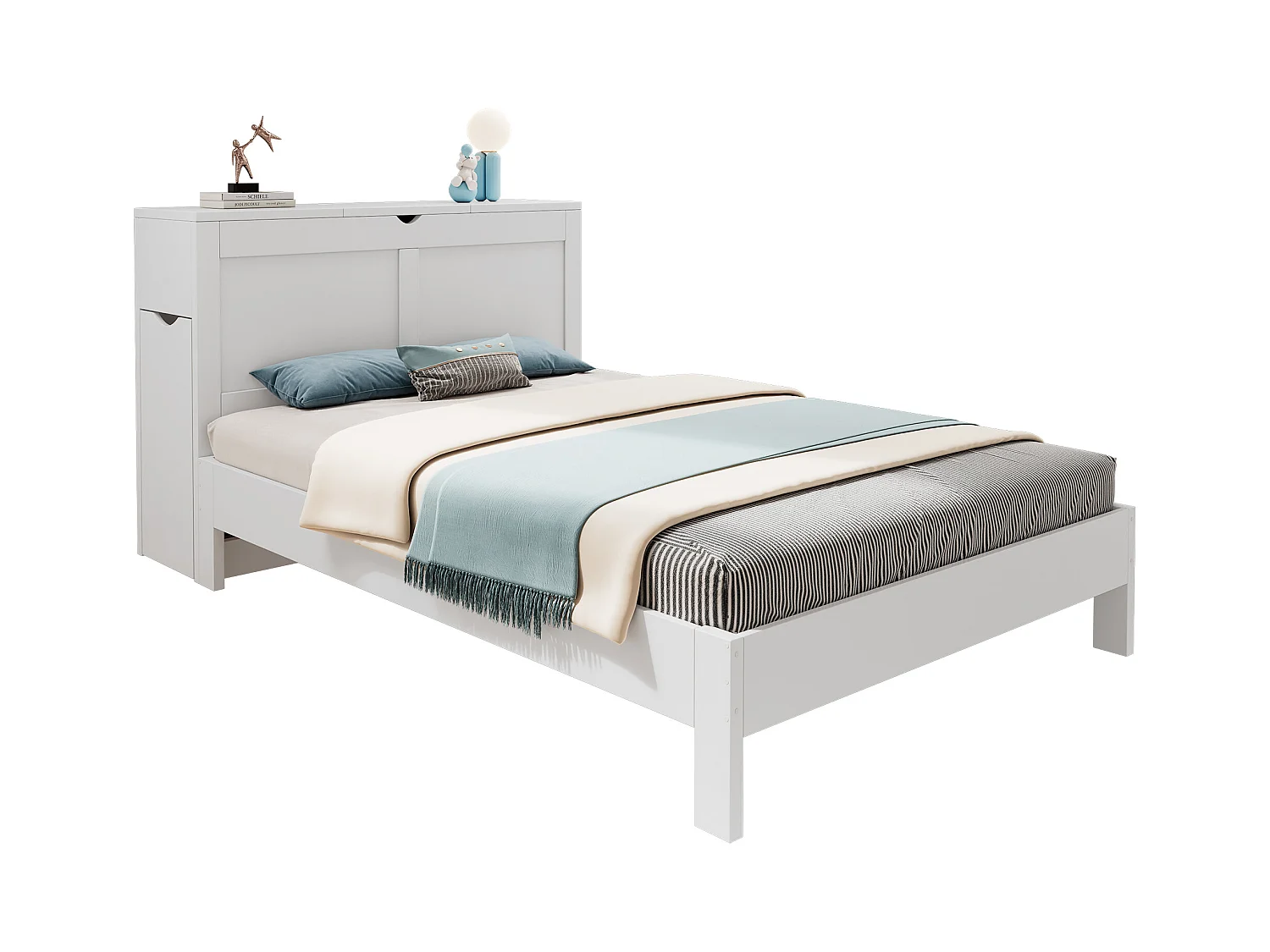 Lit double 140x200cm - avec 2 tables de chevet coulissantes - espace de rangement de chevet - MDF - blanc