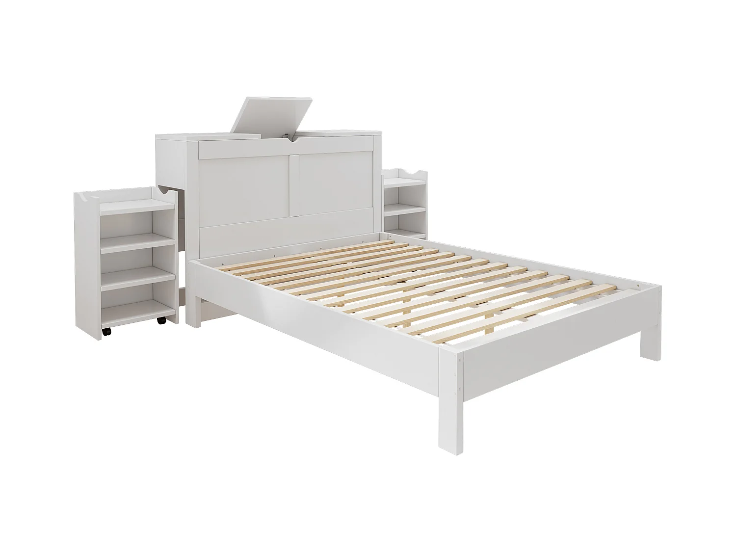Lit double 140x200cm - avec 2 tables de chevet coulissantes - espace de rangement de chevet - MDF - blanc