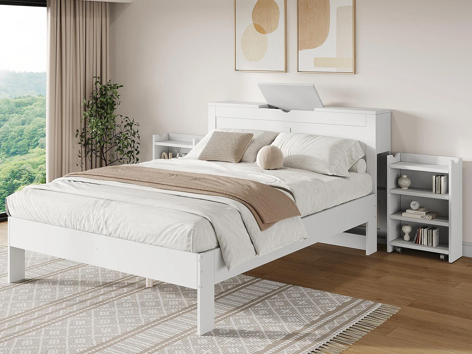 Doppelbett 140x200 cm - mit 2 ausziehbaren Nachttischen - seitlichem Stauraum - MDF - weiß