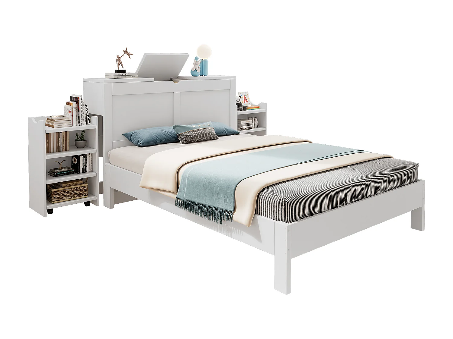 Doppelbett 140x200 cm - mit 2 ausziehbaren Nachttischen - seitlichem Stauraum - MDF - weiß