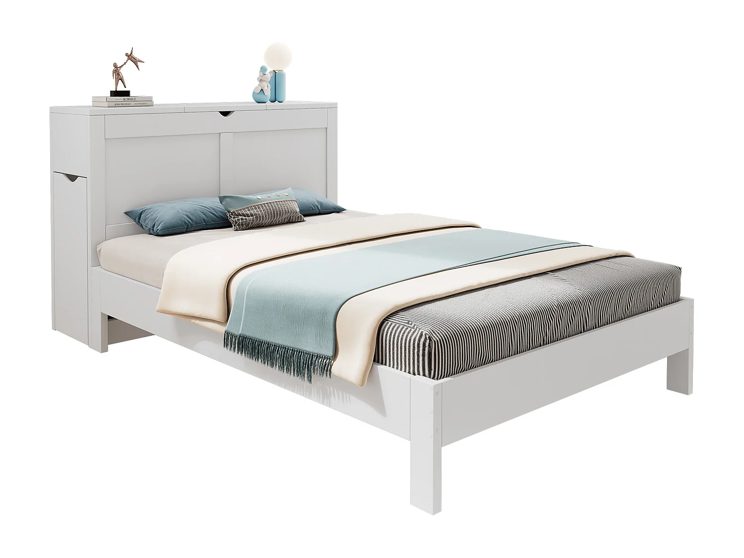 Doppelbett 140x200 cm - mit 2 ausziehbaren Nachttischen - seitlichem Stauraum - MDF - weiß